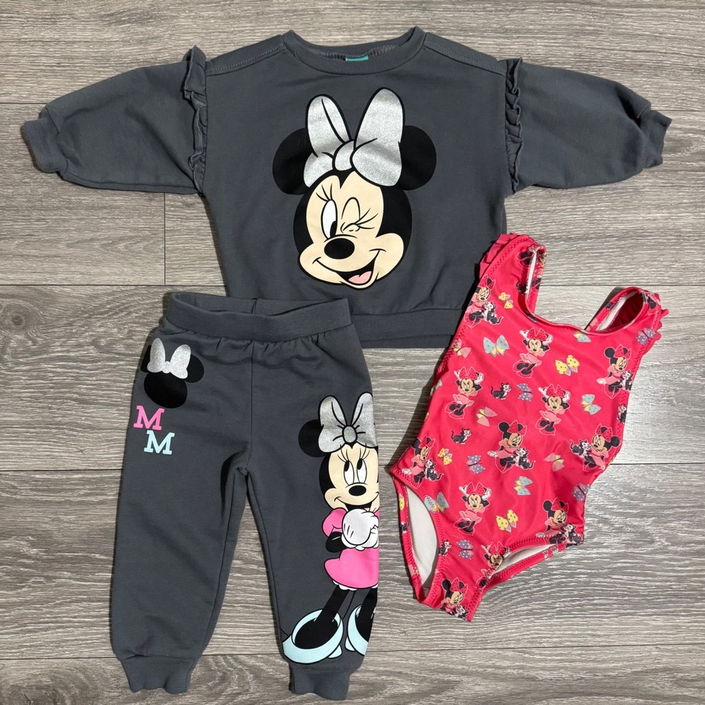 Disney Minnie Mouse 3pc Lot Gray Sweatshirt Joggers‎ 12M & Pink Swimsuit